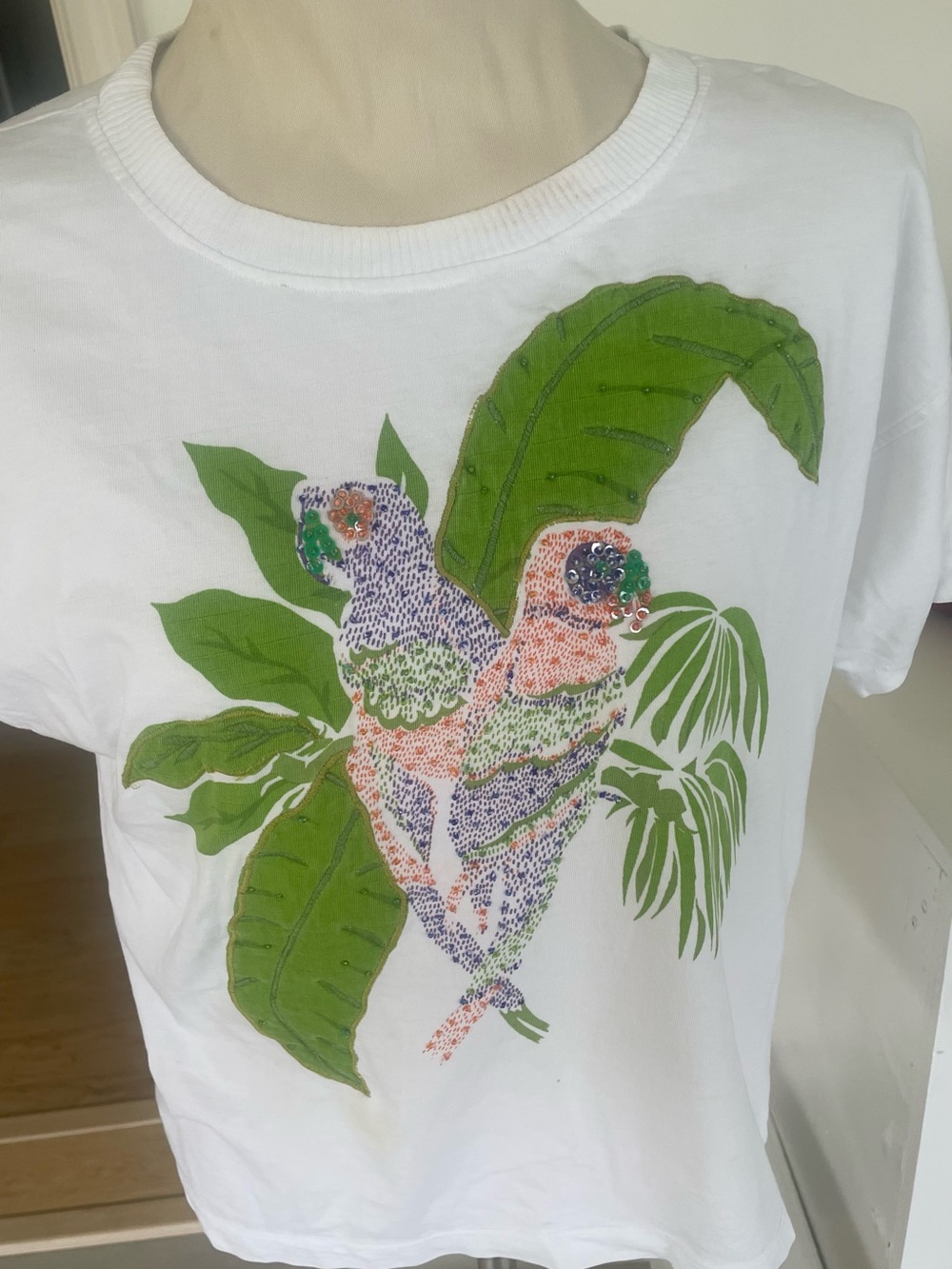 Sequined Parrot Shirt White with Green Parrots  M-L Vintage 1990’s